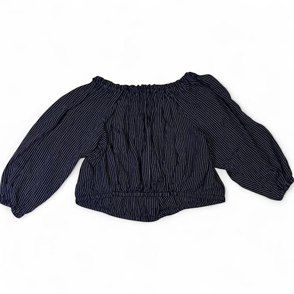 rag & bone Sz Small Navy Striped Peasant Blouse Modal Linen Boho Balloon Sleeve - Picture 3 of 6